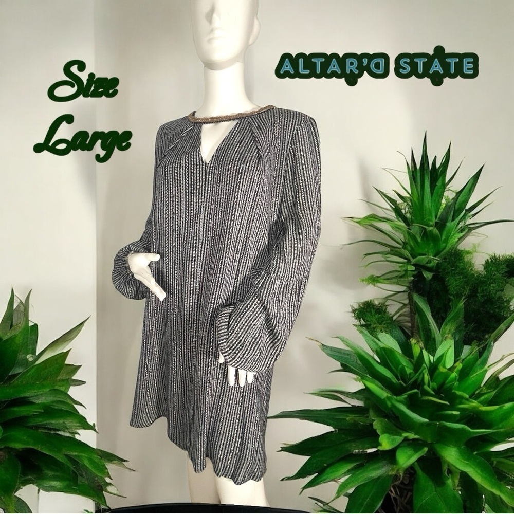 Altar'd State Black & Metallic Embellished Neck Long Sleeve Dress Size Large - Picture 2 of 16